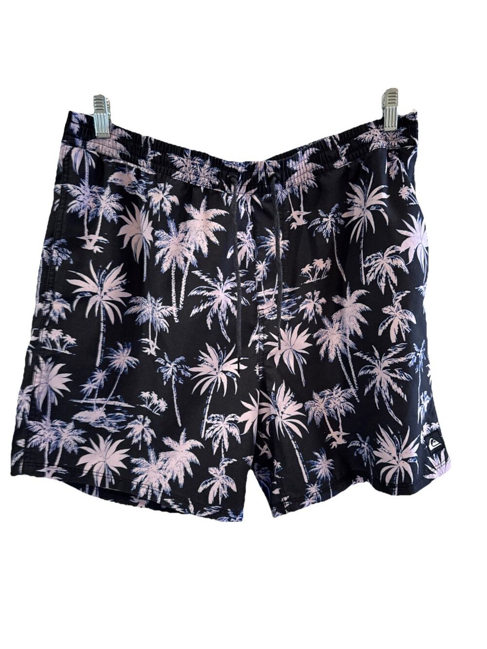 Quicksilver Swimsuit Men’s XXL Black With Lavender Palms Elastic Waist Pockets